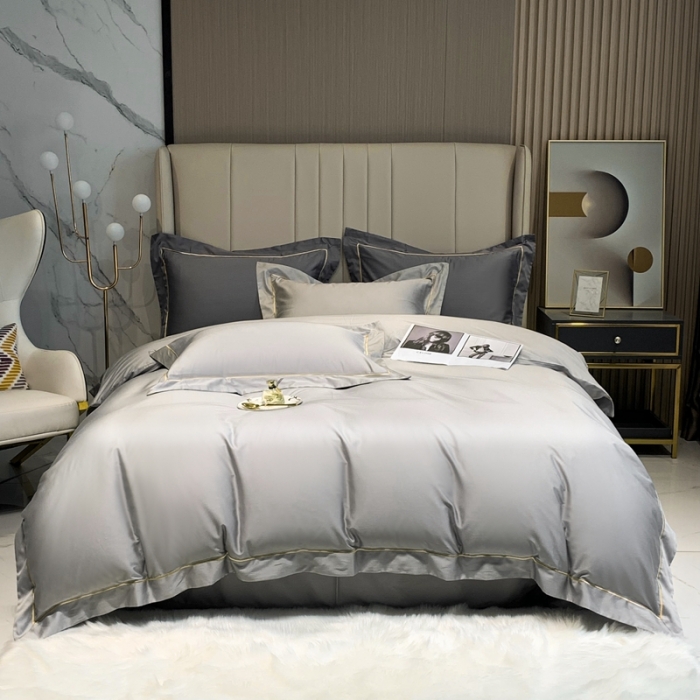 91家纺网 家纺一手货源 找家纺 榻尚家居2021新款长绒棉简约轻奢四件套 魅-浅银灰