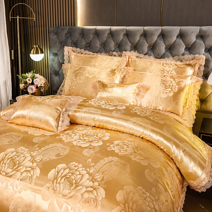 91家纺网 家纺一手货源 找家纺 提花大世界 新款布拉诺蕾丝提花莫代尔四件套花间飞舞-金驼