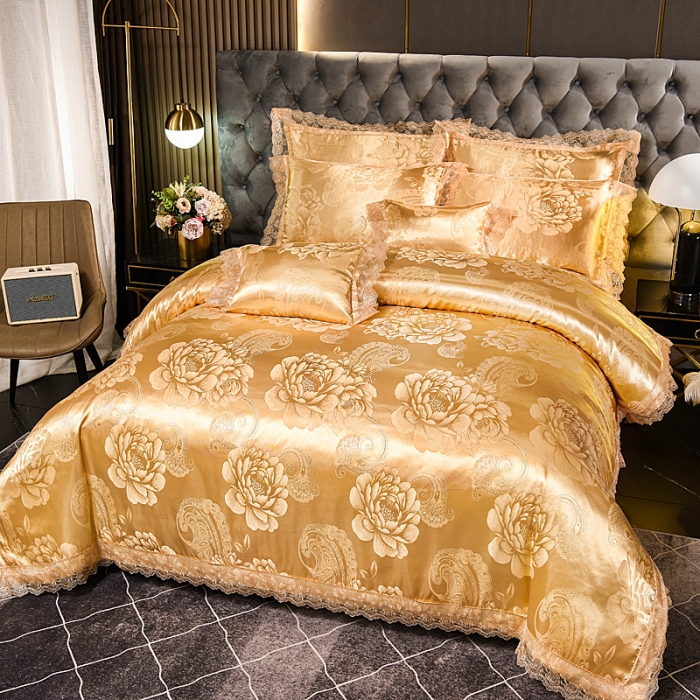 91家纺网 家纺一手货源 找家纺 提花大世界 新款布拉诺蕾丝提花莫代尔四件套花间飞舞-金驼