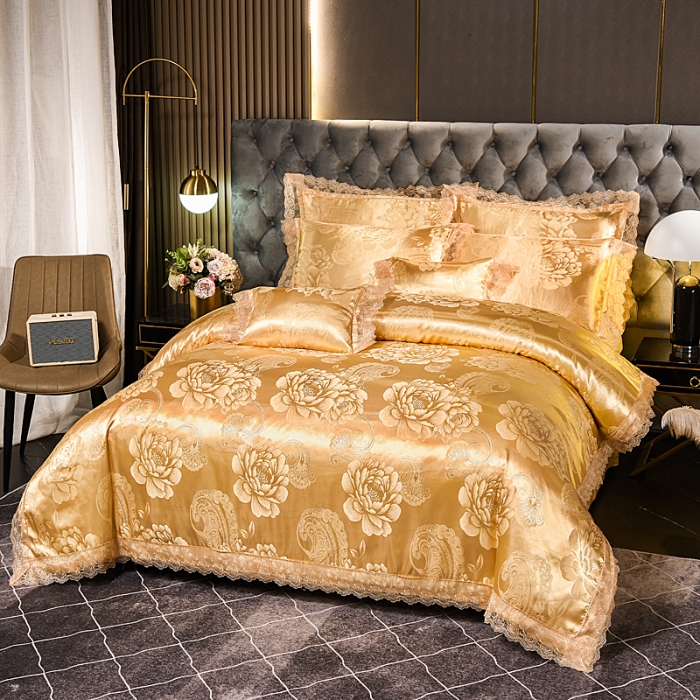 91家纺网 家纺一手货源 找家纺 提花大世界 新款布拉诺蕾丝提花莫代尔四件套花间飞舞-金驼