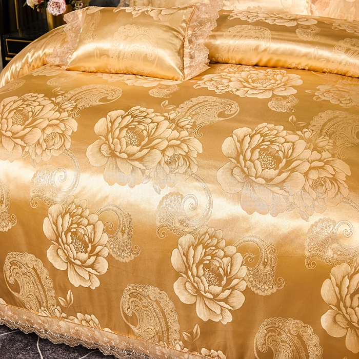 91家纺网 家纺一手货源 找家纺 提花大世界 新款布拉诺蕾丝提花莫代尔四件套花间飞舞-金驼