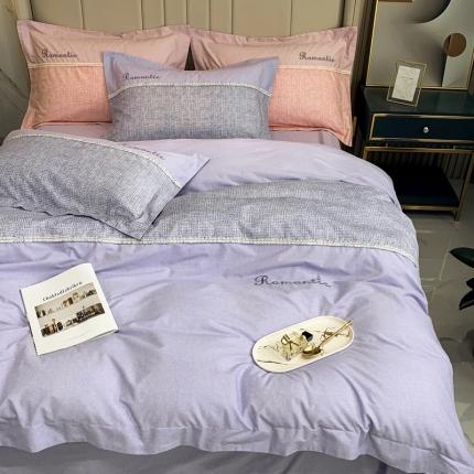 91家纺网 家纺一手货源 找家纺 榻尚家居新款80长绒棉贡缎磨毛小香风全棉加厚磨毛四件套 紫