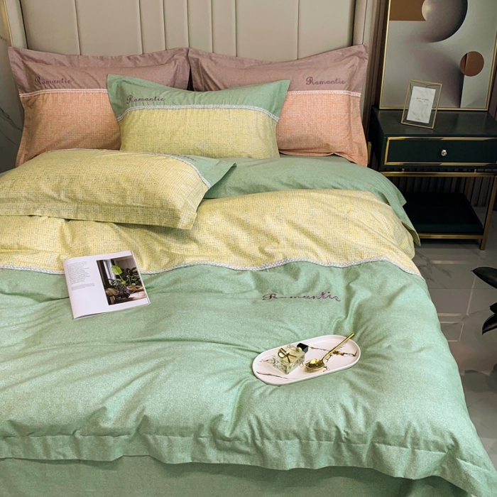 91家纺网 家纺一手货源 找家纺 榻尚家居新款80长绒棉贡缎磨毛小香风全棉加厚磨毛四件套 浅绿