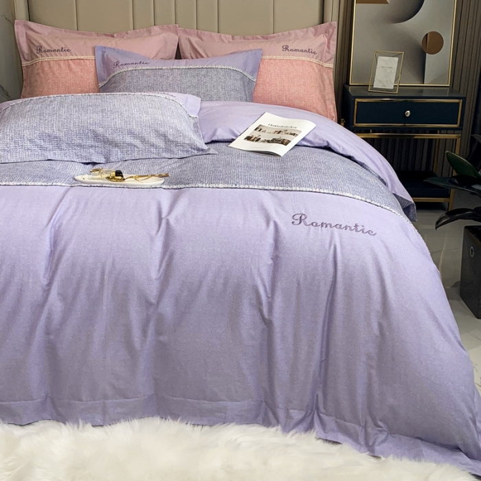 91家纺网 家纺一手货源 找家纺 榻尚家居新款80长绒棉贡缎磨毛小香风全棉加厚磨毛四件套 紫