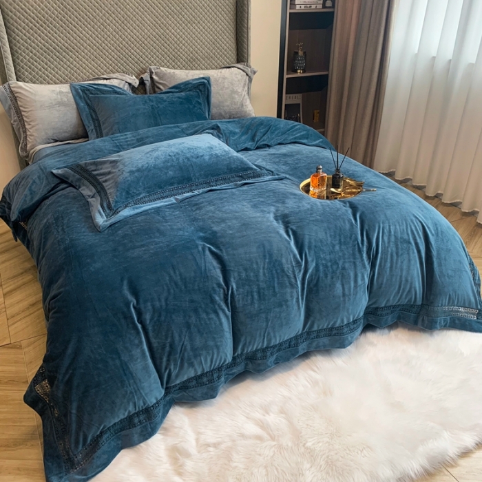 91家纺网 家纺一手货源 找家纺 （总）榻尚 2023新款婴儿绒牛奶绒纯色镂空高端绒四件套