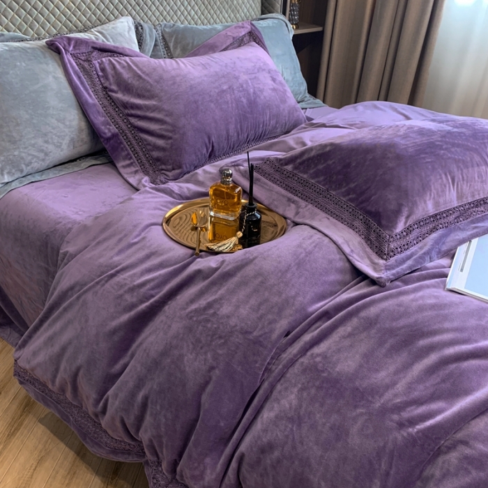 91家纺网 家纺一手货源 找家纺 榻尚 2021新款婴儿绒牛奶绒纯色镂空高端绒四件套 气质紫