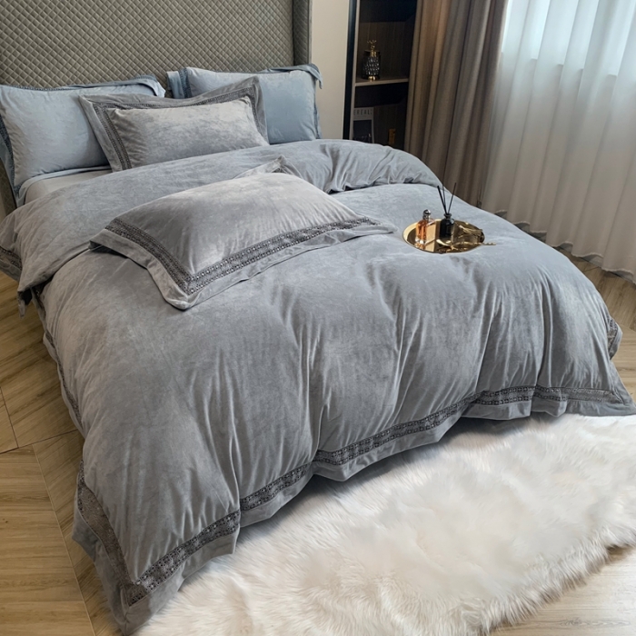 91家纺网 家纺一手货源 找家纺 榻尚 2021新款婴儿绒牛奶绒纯色镂空高端绒四件套 银河灰