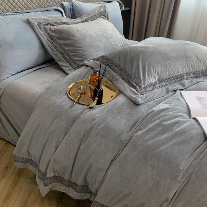 91家纺网 家纺一手货源 找家纺 榻尚 2021新款婴儿绒牛奶绒纯色镂空高端绒四件套 银河灰