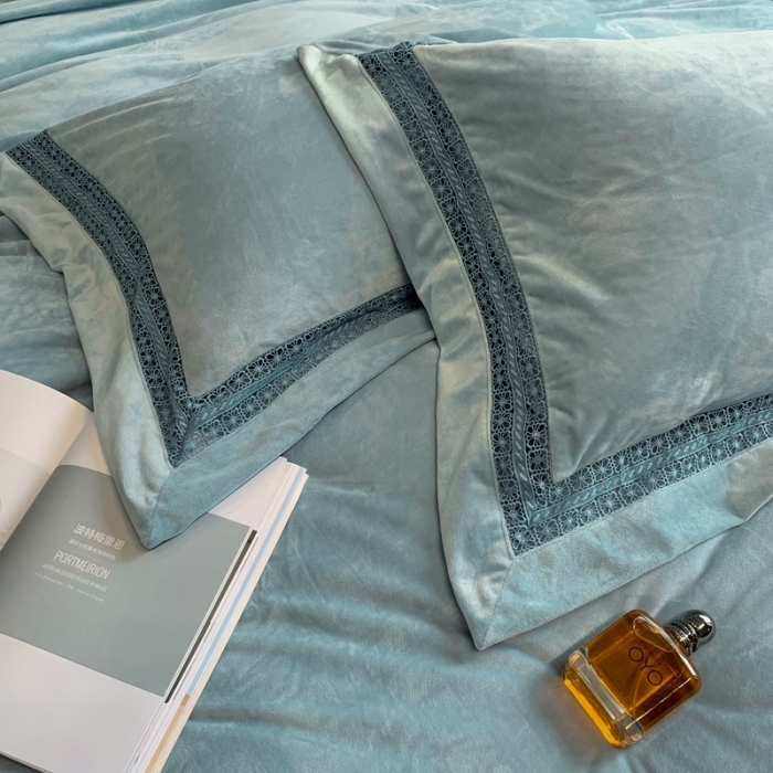 91家纺网 家纺一手货源 找家纺 榻尚 2021新款婴儿绒牛奶绒纯色镂空高端绒四件套 月光绿