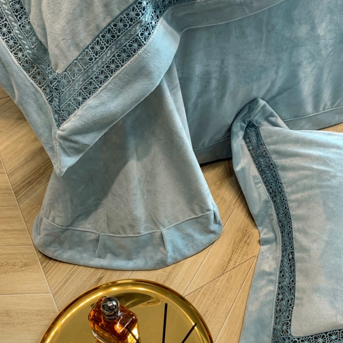 91家纺网 家纺一手货源 找家纺 榻尚 2023新款婴儿绒牛奶绒纯色镂空高端绒四件套 月光绿