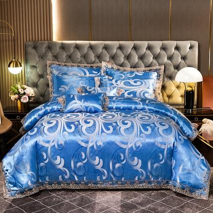 91家纺网 家纺一手货源 找家纺 提花大世界 新款布拉诺蕾丝提花莫代尔四件套柔情岁月-天空蓝