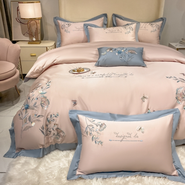 91家纺网 家纺一手货源 找家纺 品家居 2021新款180支长绒棉四件套-蝶舞恋花 粉