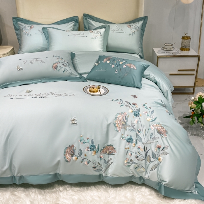 91家纺网 家纺一手货源 找家纺 品家居 2021新款180支长绒棉四件套-蝶舞恋花 蓝