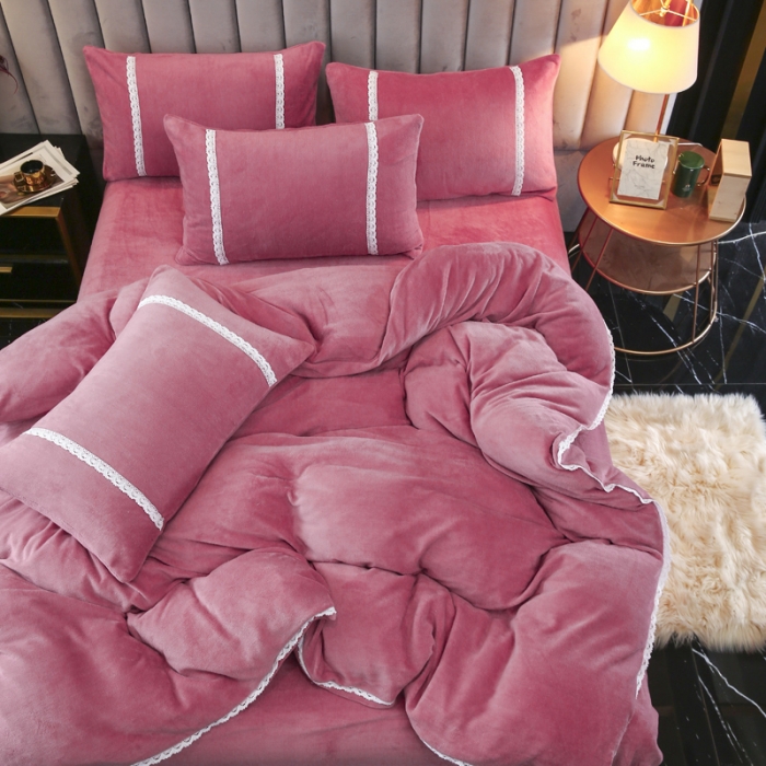 91家纺网 家纺一手货源 找家纺 琪琪阁家纺 2021新款纯色牛奶绒四件套 豆沙色