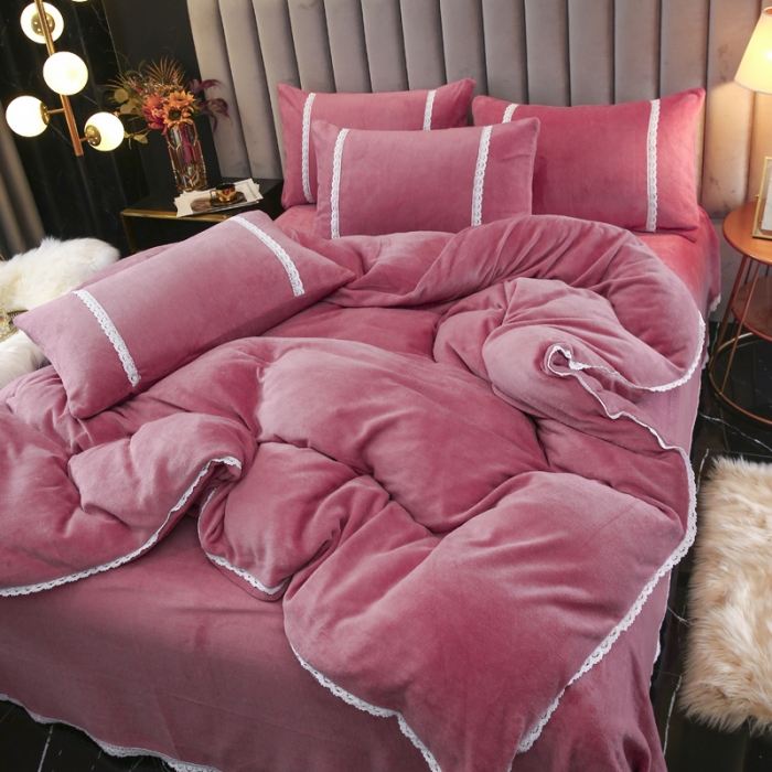 91家纺网 家纺一手货源 找家纺 琪琪阁家纺 2021新款纯色牛奶绒四件套 豆沙色