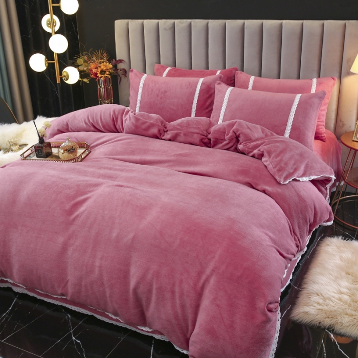 91家纺网 家纺一手货源 找家纺 琪琪阁家纺 2021新款纯色牛奶绒四件套 豆沙色