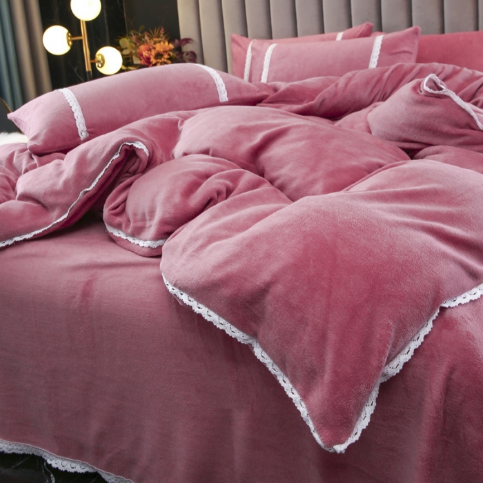 91家纺网 家纺一手货源 找家纺 琪琪阁家纺 2021新款纯色牛奶绒四件套 豆沙色