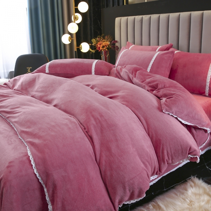 91家纺网 家纺一手货源 找家纺 琪琪阁家纺 2021新款纯色牛奶绒四件套 豆沙色