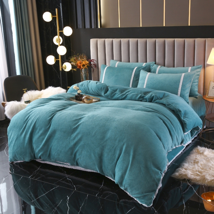 91家纺网 家纺一手货源 找家纺 琪琪阁家纺 2021新款纯色牛奶绒四件套 湖蓝