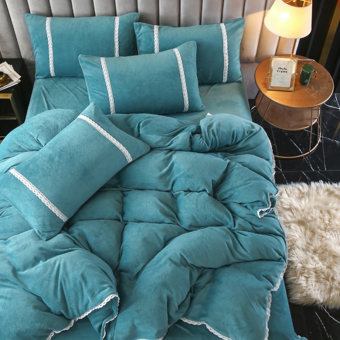 91家纺网 家纺一手货源 找家纺 琪琪阁家纺 2021新款纯色牛奶绒四件套 湖蓝
