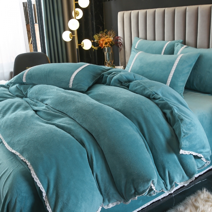 91家纺网 家纺一手货源 找家纺 琪琪阁家纺 2021新款纯色牛奶绒四件套 湖蓝