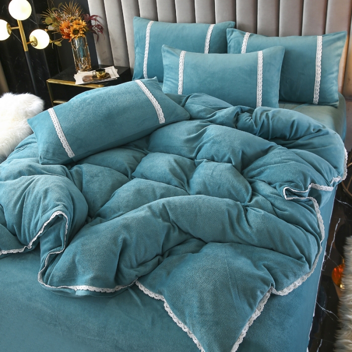 91家纺网 家纺一手货源 找家纺 琪琪阁家纺 2021新款纯色牛奶绒四件套 湖蓝