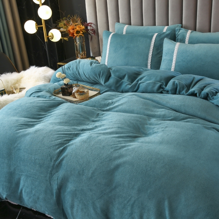 91家纺网 家纺一手货源 找家纺 琪琪阁家纺 2021新款纯色牛奶绒四件套 湖蓝
