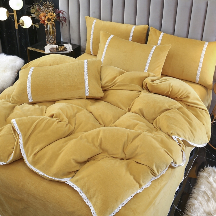91家纺网 家纺一手货源 找家纺 琪琪阁家纺 2021新款纯色牛奶绒四件套 姜黄