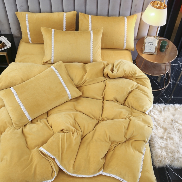 91家纺网 家纺一手货源 找家纺 琪琪阁家纺 2021新款纯色牛奶绒四件套 姜黄