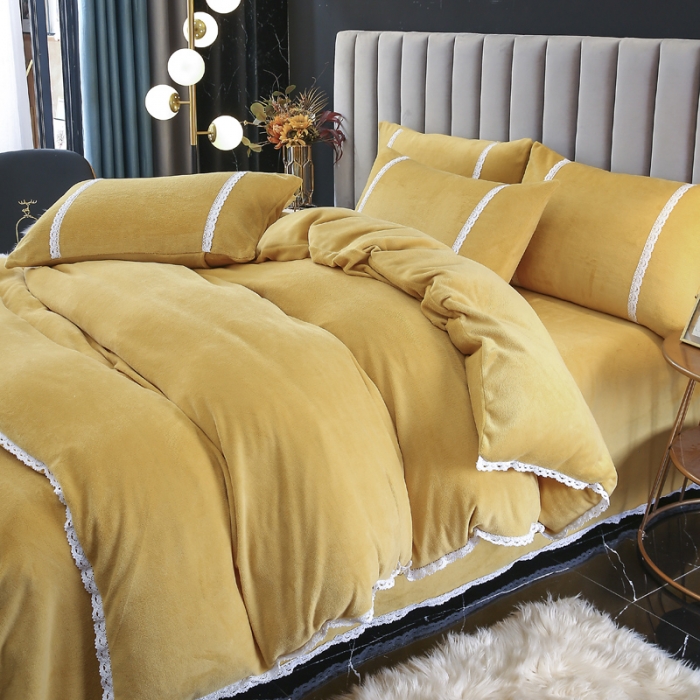 91家纺网 家纺一手货源 找家纺 琪琪阁家纺 2021新款纯色牛奶绒四件套 姜黄