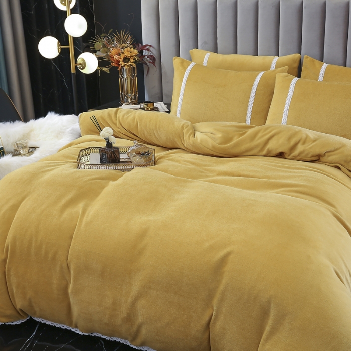 91家纺网 家纺一手货源 找家纺 琪琪阁家纺 2021新款纯色牛奶绒四件套 姜黄