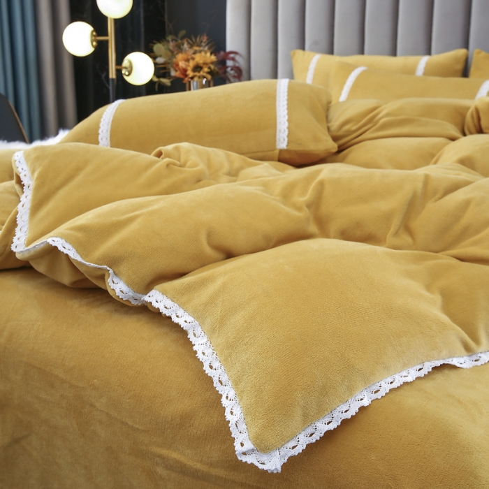 91家纺网 家纺一手货源 找家纺 琪琪阁家纺 2021新款纯色牛奶绒四件套 姜黄