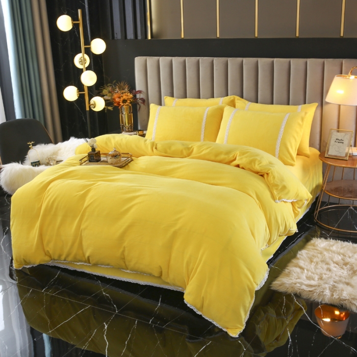 91家纺网 家纺一手货源 找家纺 琪琪阁家纺 2021新款纯色牛奶绒四件套 奶油黄