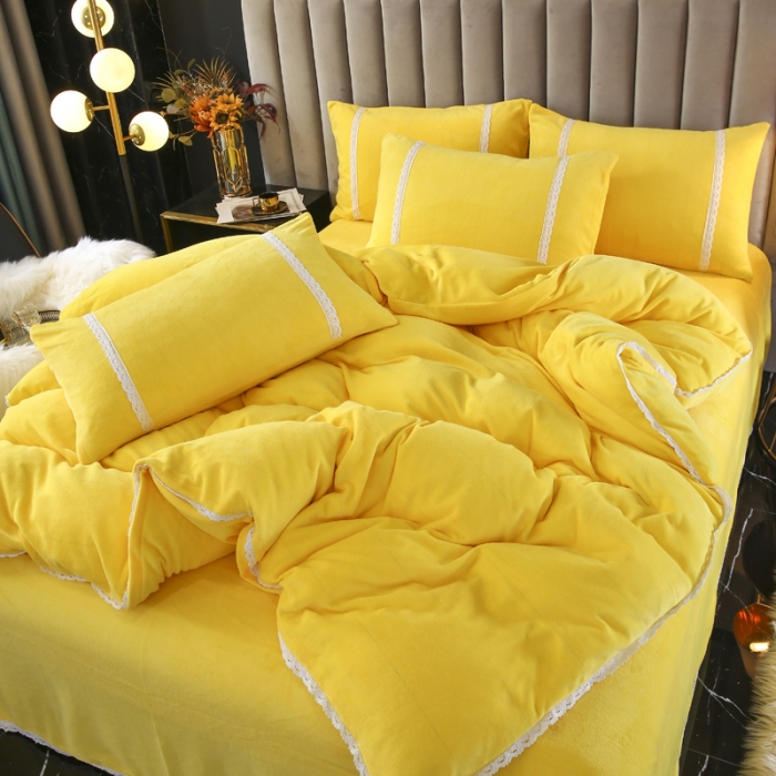91家纺网 家纺一手货源 找家纺 琪琪阁家纺 2021新款纯色牛奶绒四件套 奶油黄
