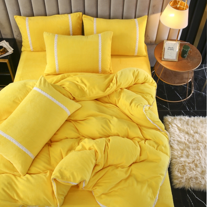91家纺网 家纺一手货源 找家纺 琪琪阁家纺 2021新款纯色牛奶绒四件套 奶油黄