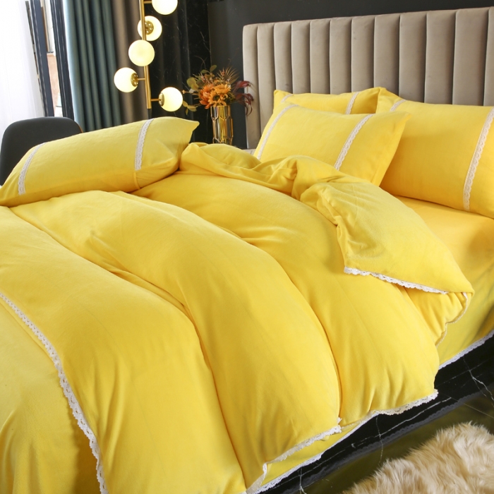 91家纺网 家纺一手货源 找家纺 琪琪阁家纺 2021新款纯色牛奶绒四件套 奶油黄