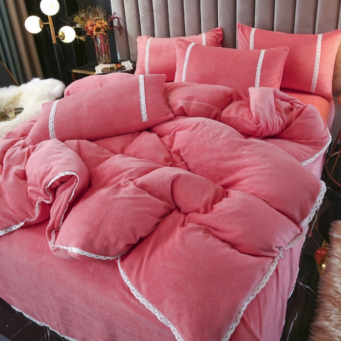 91家纺网 家纺一手货源 找家纺 琪琪阁家纺 2021新款纯色牛奶绒四件套 西瓜红