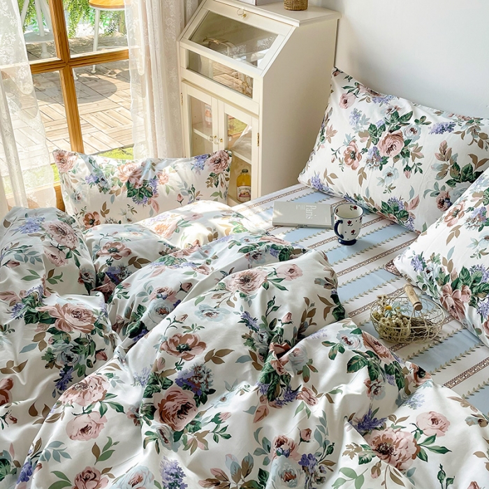 91家纺网 家纺一手货源 找家纺 沐棉 2021新款13370全棉印花四件套-花园 绮罗香