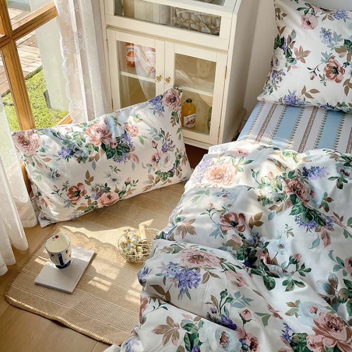 91家纺网 家纺一手货源 找家纺 沐棉 2021新款13370全棉印花四件套-花园 绮罗香
