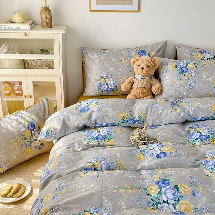 91家纺网 家纺一手货源 找家纺 沐棉 2021新款13370全棉印花四件套-花园 璎珞-灰