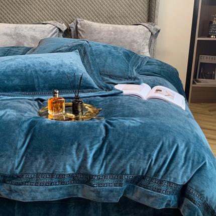 91家纺网 家纺一手货源 找家纺 榻尚 2023新款婴儿绒牛奶绒纯色镂空高端绒四件套 宝石蓝