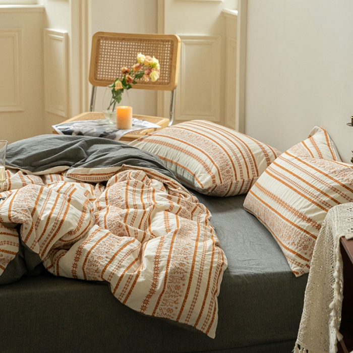 91家纺网 家纺一手货源 找家纺 恋恋三季色织提花工艺款林深时见鹿系列四件套棚拍图棕桔