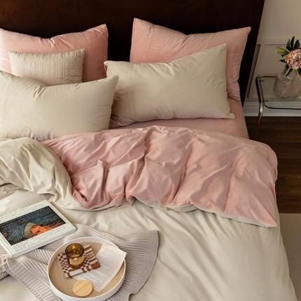 91家纺网 家纺一手货源 找家纺 寐眠 2021新款天鹅绒四件套法莱水晶牛奶金貂宝宝贝贝绒- 米白+浅粉