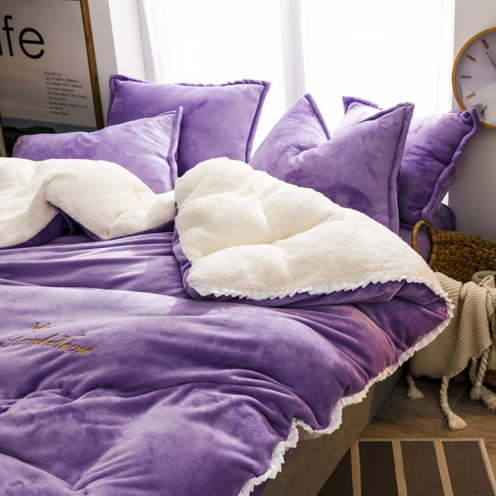 91家纺网 家纺一手货源 找家纺 简爱家纺 2025新款法莱绒羊羔绒四件套 回忆-浅紫