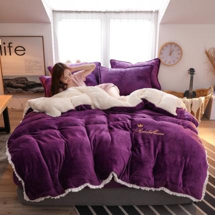 91家纺网 家纺一手货源 找家纺 简爱家纺 2025新款法莱绒羊羔绒四件套 回忆-深紫