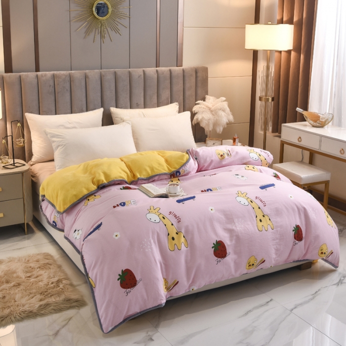 91家纺网 家纺一手货源 找家纺 琪琪阁 2021新款全棉+牛奶绒单被套开心小鹿-粉