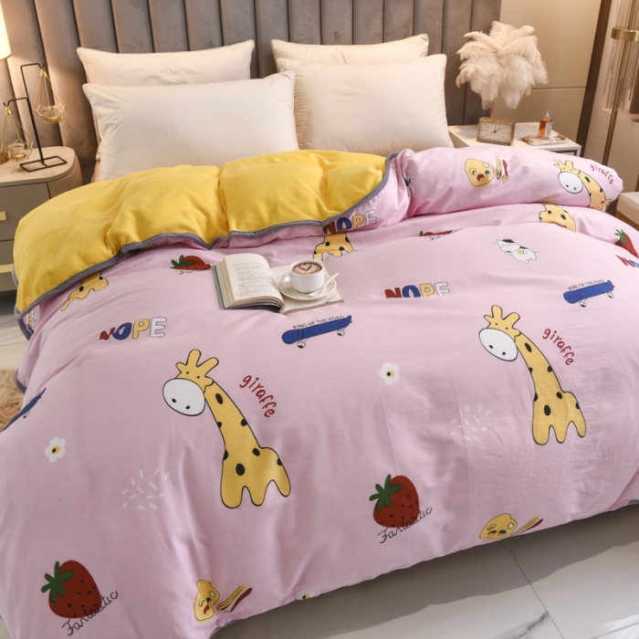 91家纺网 家纺一手货源 找家纺 琪琪阁 2021新款全棉+牛奶绒单被套开心小鹿-粉