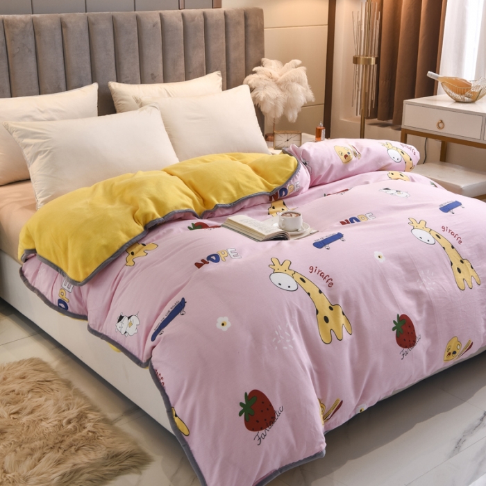 91家纺网 家纺一手货源 找家纺 琪琪阁 2021新款全棉+牛奶绒单被套开心小鹿-粉