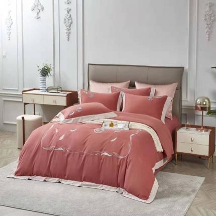 91家纺网 家纺一手货源 找家纺 玖玖爱家纺2021新款100支贡缎磨毛四件套 羽魅熔岩红