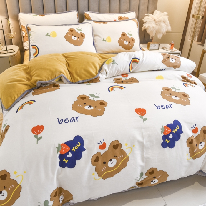 91家纺网 家纺一手货源 找家纺 琪琪阁 2021新款全棉+牛奶绒四件套安迪小熊